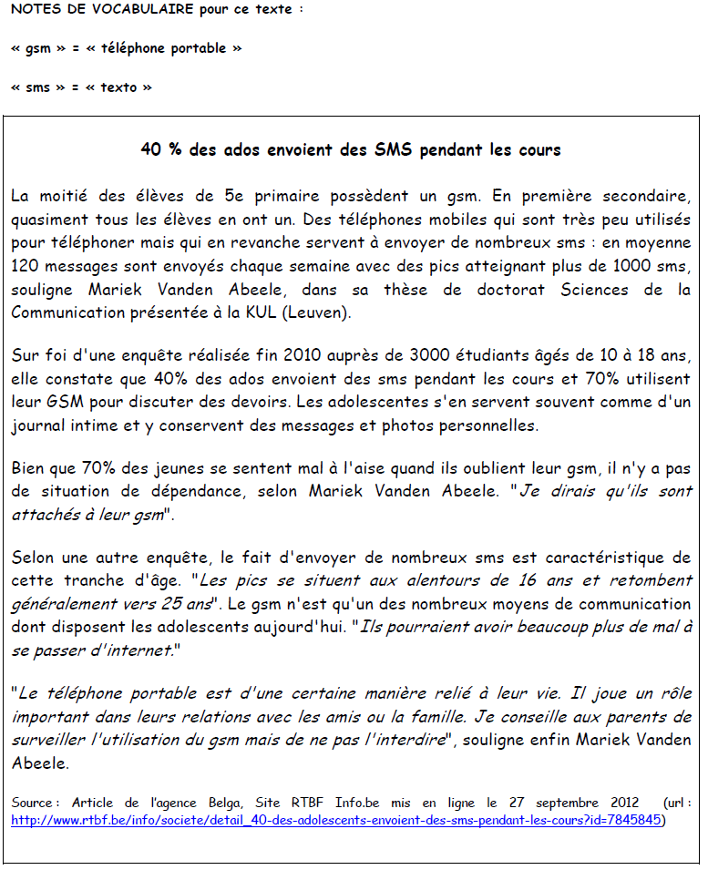 French DELF Practice Les Ados Et Les SMS Level B1 Online French 