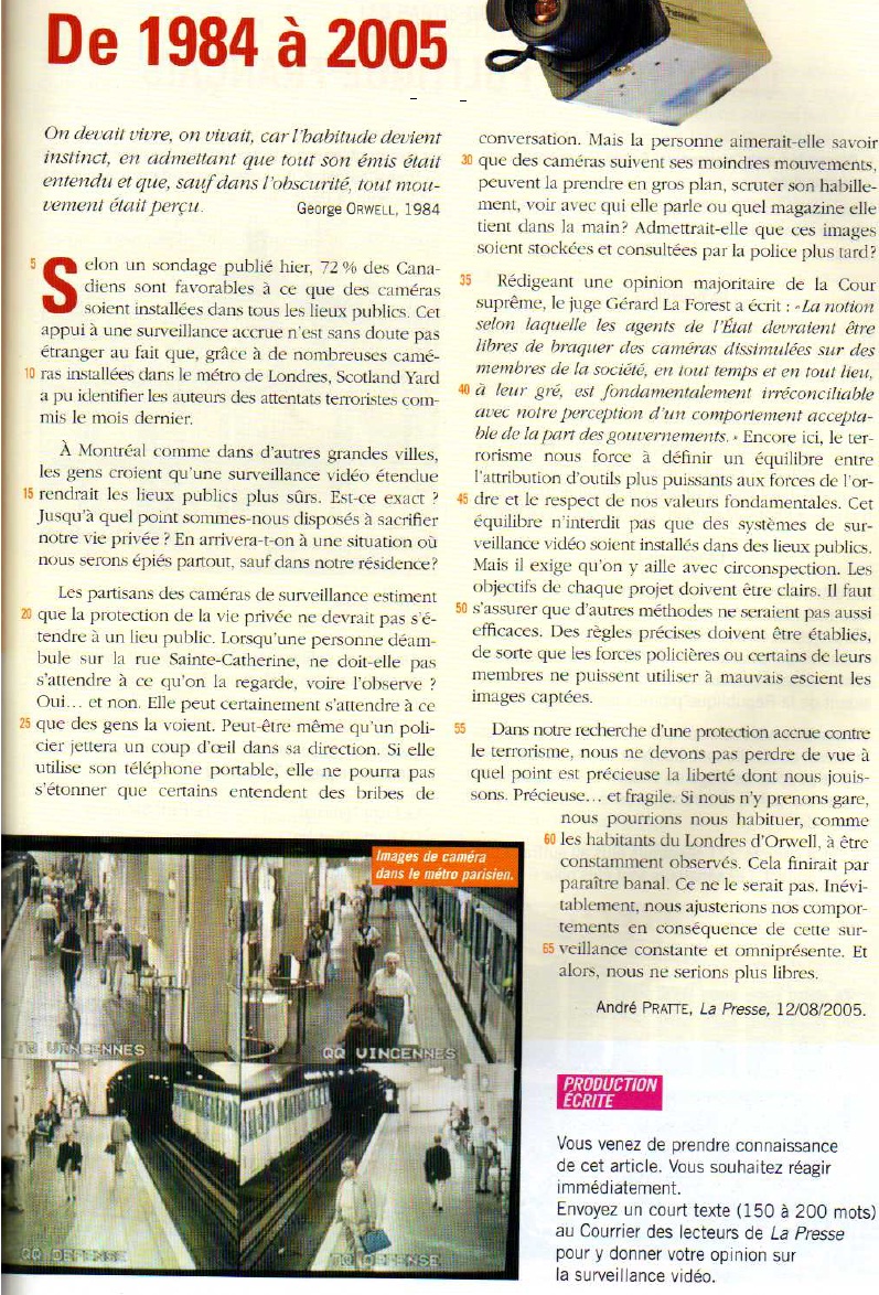 French comprehension and conversation "La vidéosurveillance" (Level B